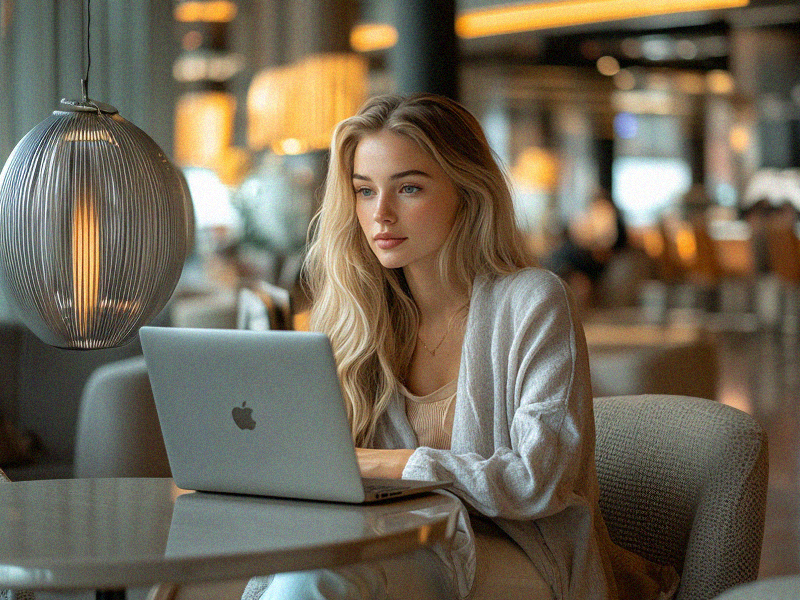 A woman sits at a table in one of O.R Tambo's well-lit, modern indoor waiting areas. She is using a silver Apple laptop and is dressed casually in a light-colored cardigan. There is a stylish hanging lamp to her left, and the background is blurred, indicating a busy environment with other people and warm lighting.