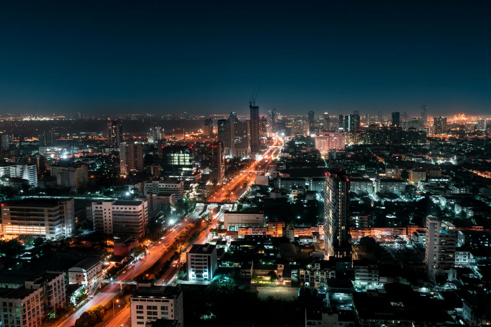Aerial view of the city of Bangkok at night.