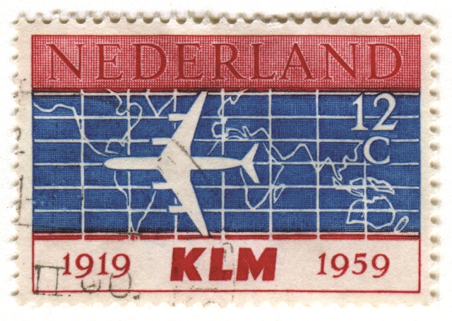 Netherlands postage stamp: KLM Airlines Postage stamp in honor of KLM Royal Dutch Airline's 40th Anniversary 1919-1959, designed by Erik Thorn Leeson.