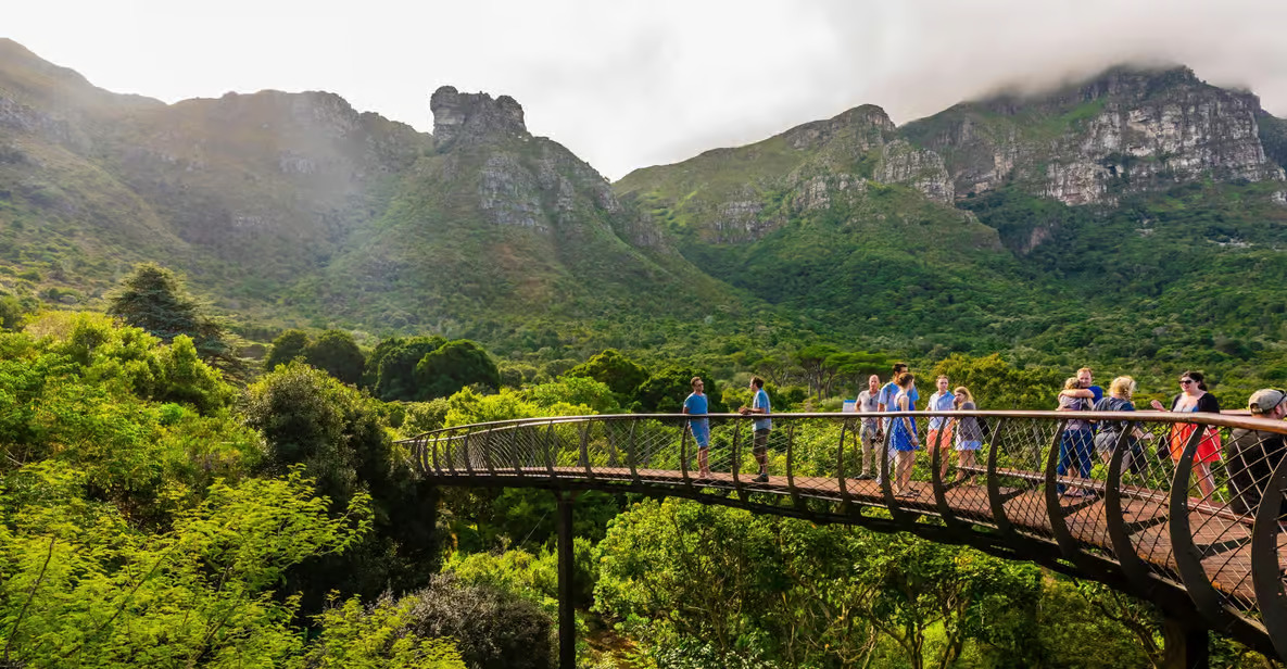 A scenic view of Kirstenbosch National Botanical Garden in Cape Town. The foreground features a curved, elevated walkway with several people walking and observing the surroundings. The walkway is surrounded by lush, green vegetation. In the background, towering, rugged mountains are partially covered by clouds.