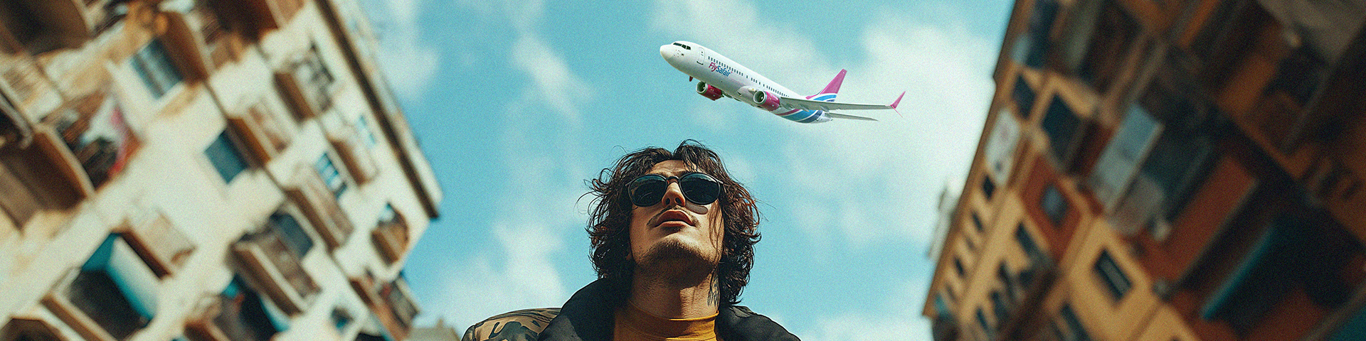 An upward angle of a man having a FlySafair plane flying overhead in the blue sky
