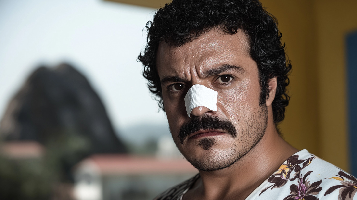 Man with a bandage on his nose after a nose job (rhinoplasty) in Colombia, one of the top countries for plastic surgery.