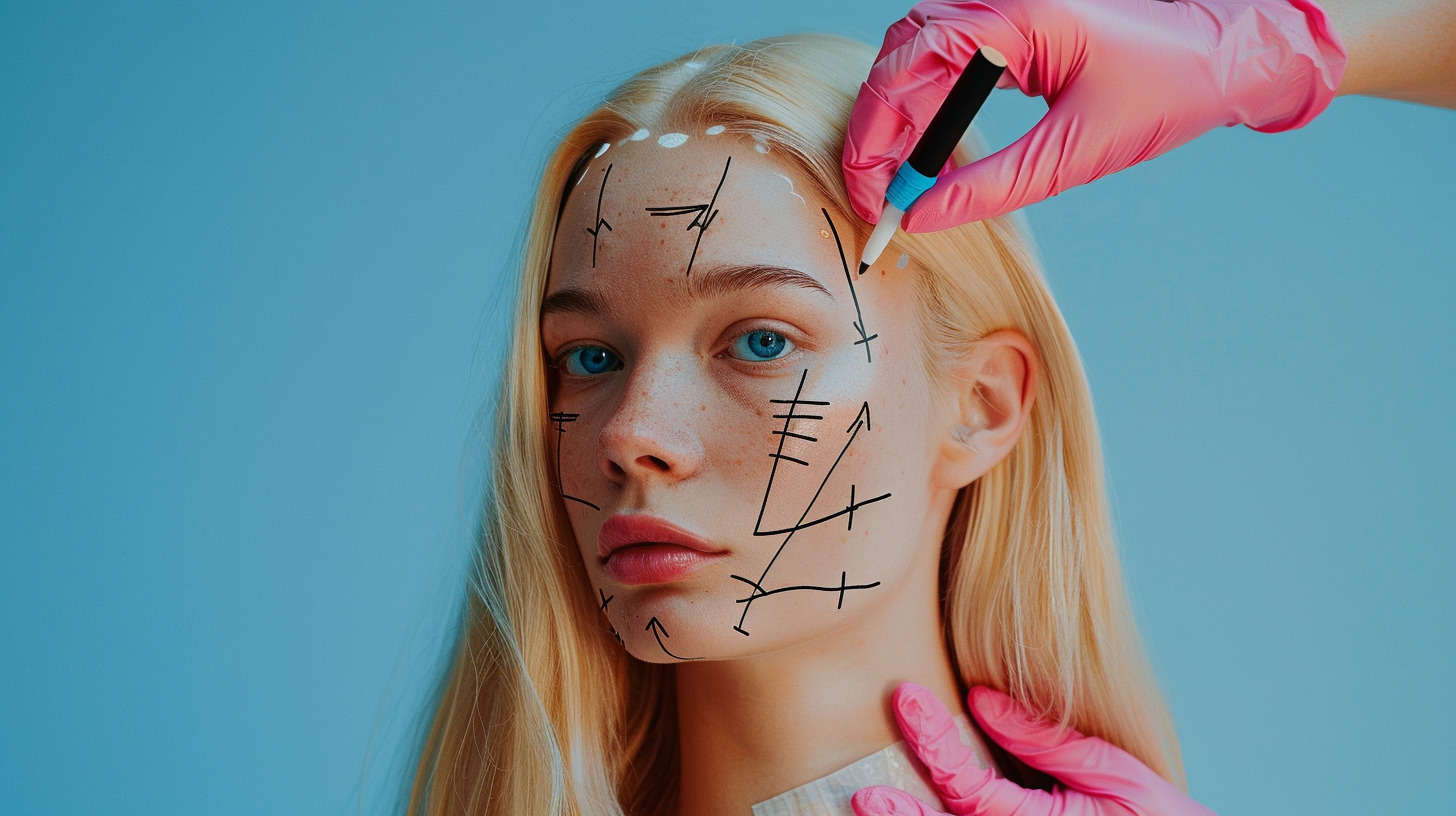 A woman with her face marked with pre-surgery lines ahead of her cosmetic surgery.