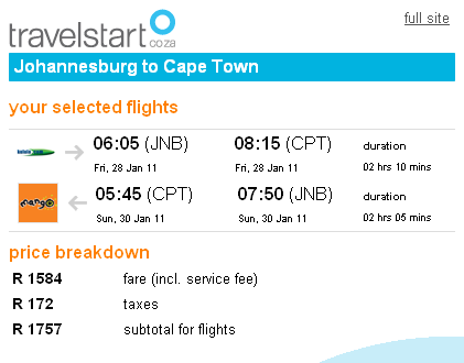 Savings on m.travelstart.co.za screenshot of travelstart mobile page