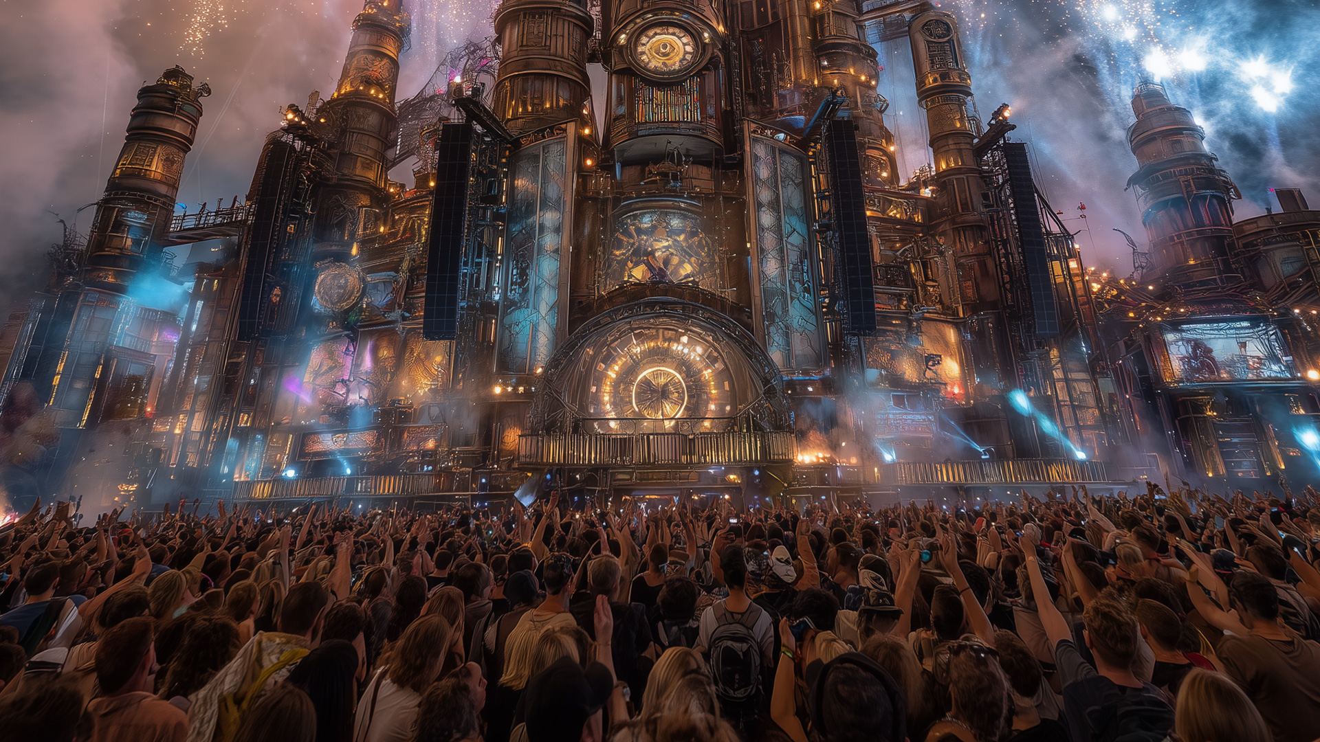 Crowds gathered in front of a huge concert stage at Tomorrowland, one of Europe's biggest music festivals