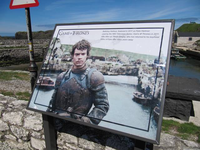 Game of Thrones, Ballintoy Harbour A sign depicting Theon Greyjoy in Game of Thrones at Ballintoy Harbour, Northern Ireland.