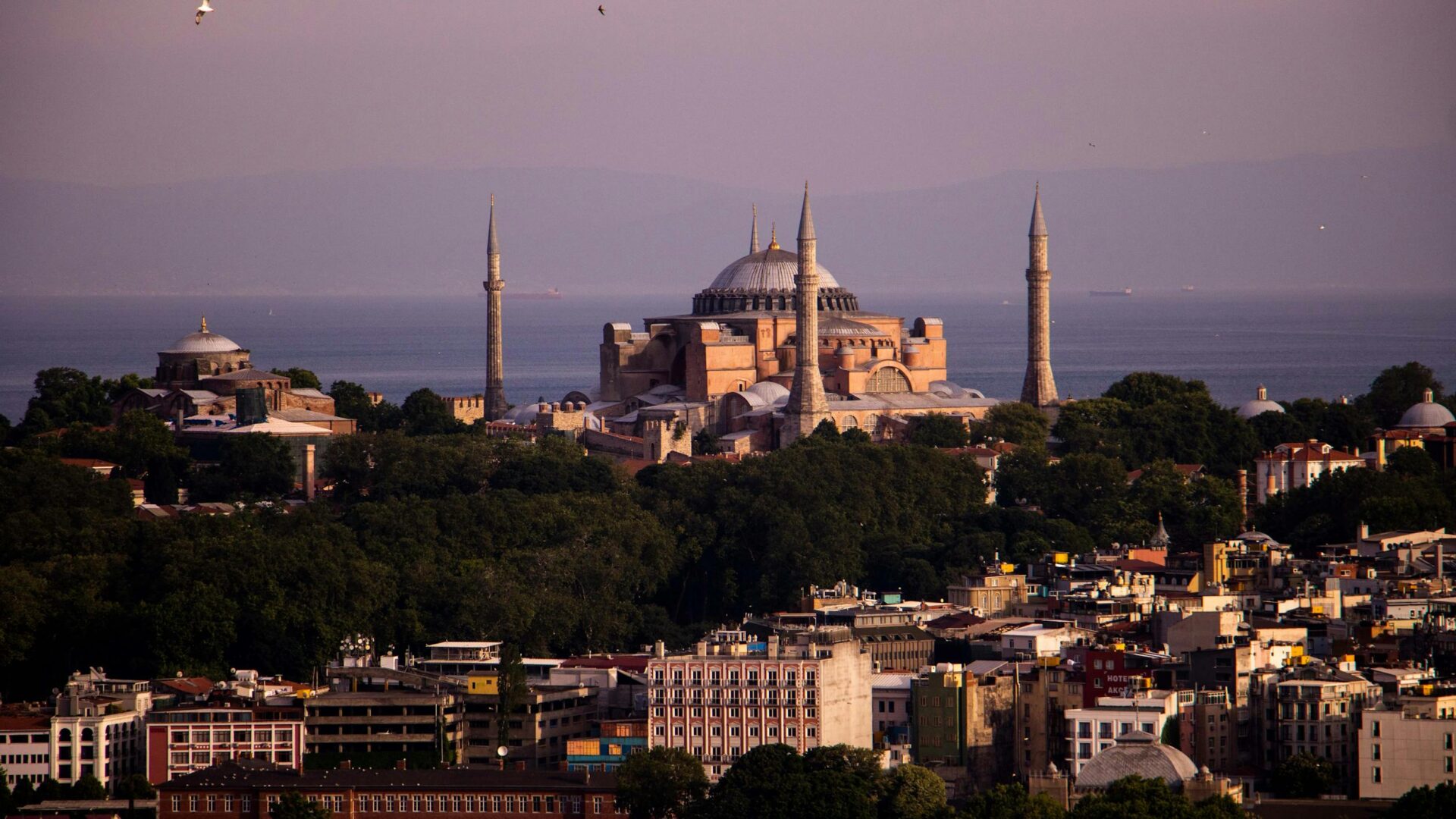 View of a Mosque in Istanbul with the sea in the background.