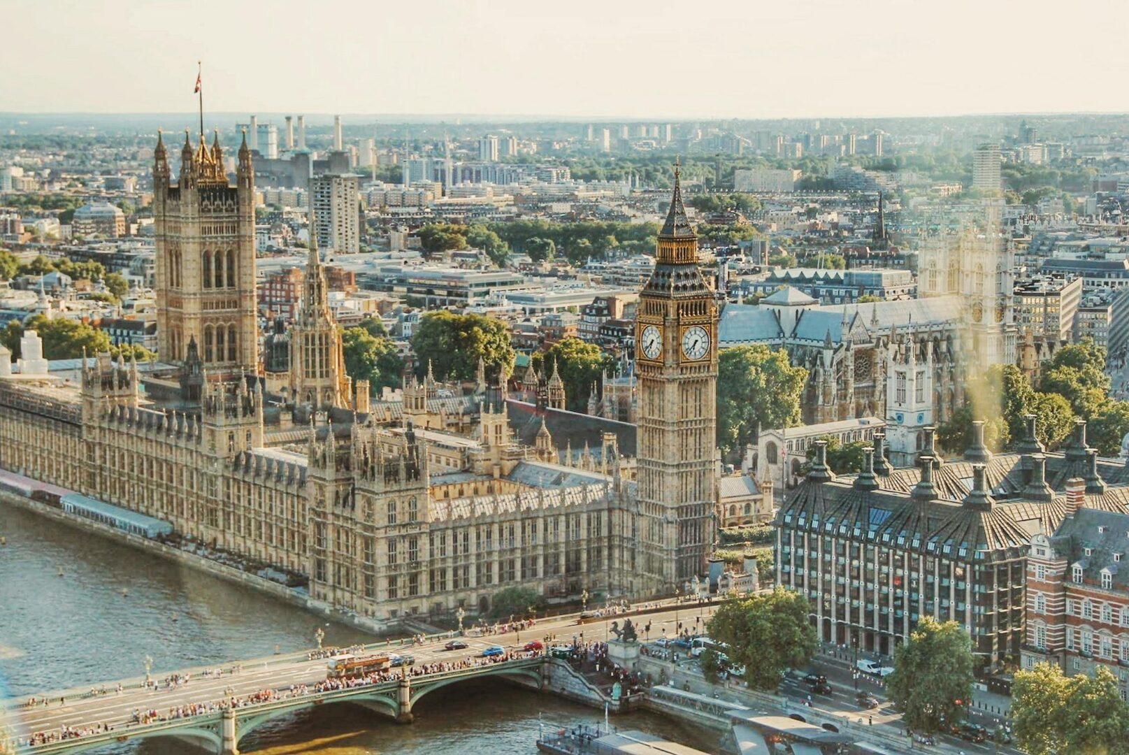 Aerial view of of London showing the Big Ben and the house of commons. London is one of the best holiday destinations for south africans.