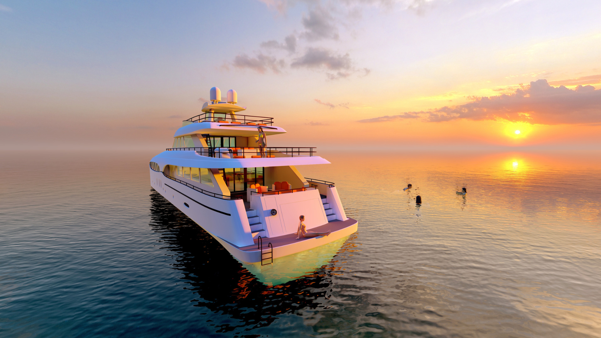 A luxurious yacht cruising on calm waters during a sunset at the V&A Waterfront. The yacht has multiple decks with people enjoying the view and relaxing. The sky is painted with warm hues of orange, pink, and purple, reflecting on the water's surface.
