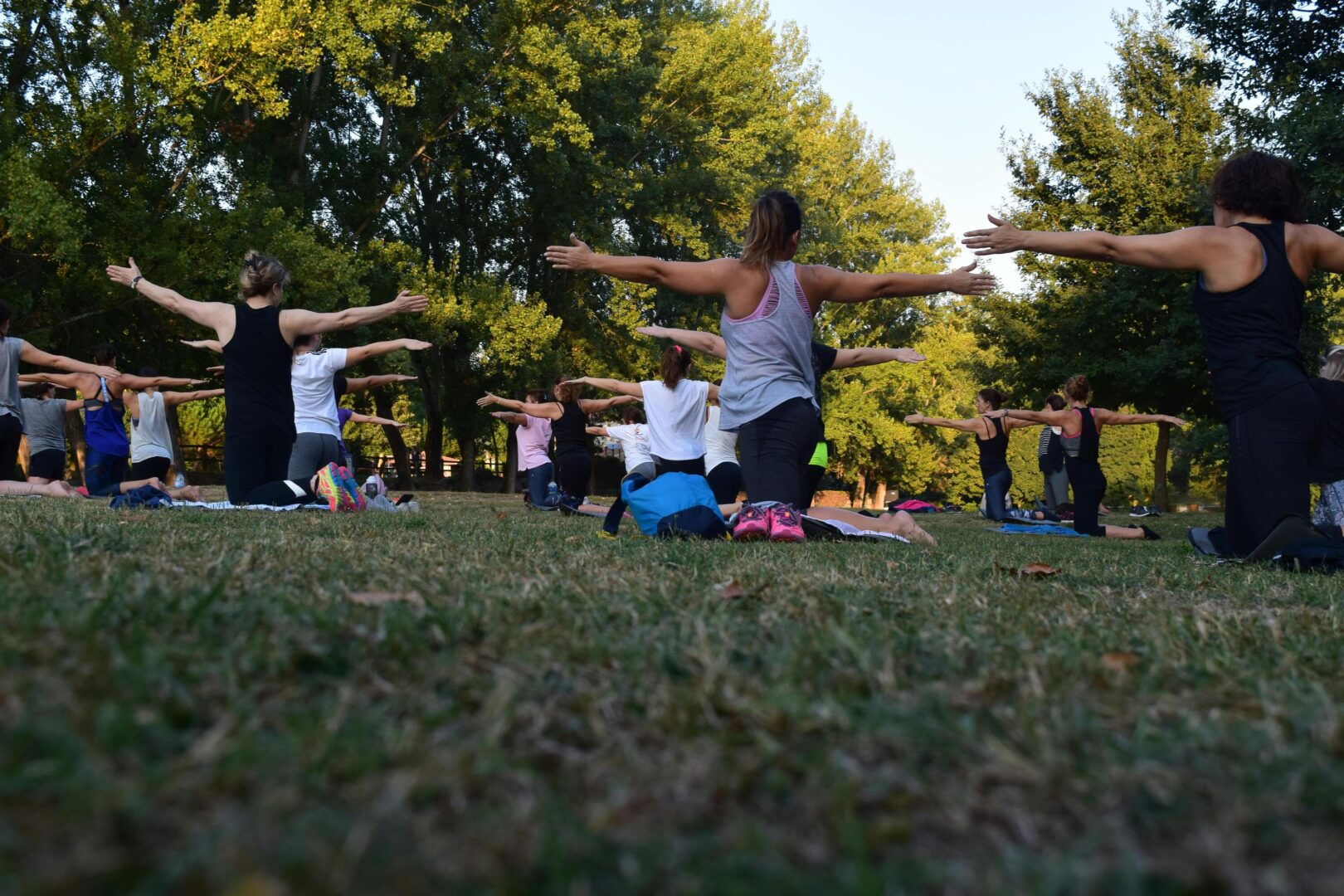 A group of people exercising in the park