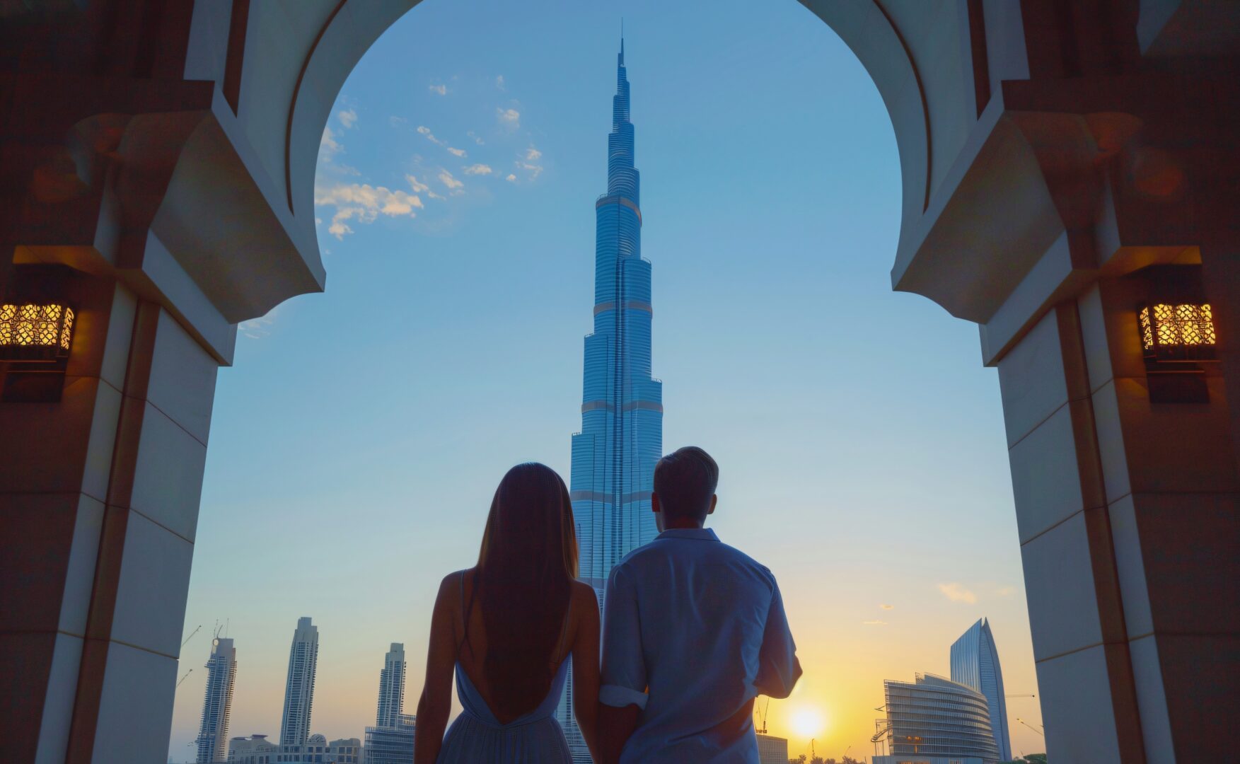 Couple looking at the Burj Khalifa. This is the concept image for a blog titled "Do I need a visa to transit through Dubai?"