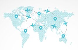 Illustrated world map showing dotted continents with airplanes and location pins connected by curved routes, representing global travel routes and multi-city flights across multiple destinations.