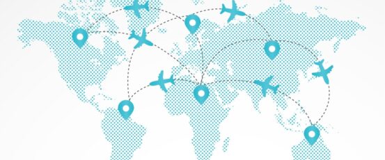 Illustrated world map showing dotted continents with airplanes and location pins connected by curved routes, representing global travel routes and multi-city flights across multiple destinations.
