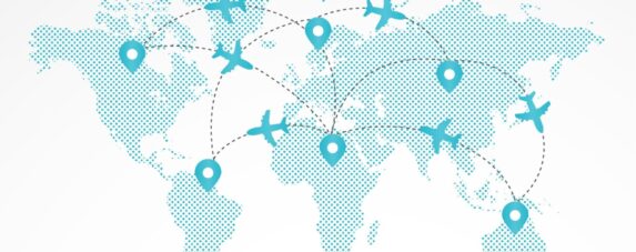 Illustrated world map showing dotted continents with airplanes and location pins connected by curved routes, representing global travel routes and multi-city flights across multiple destinations.