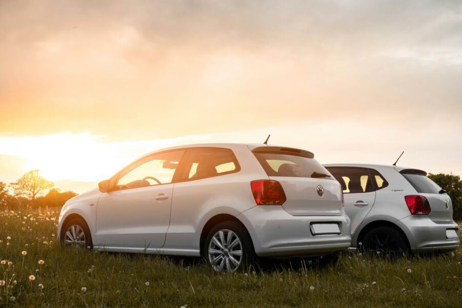 2 VW polo cars photographed at a golden hour sunset, this is for car hire in South Africa and abroad.