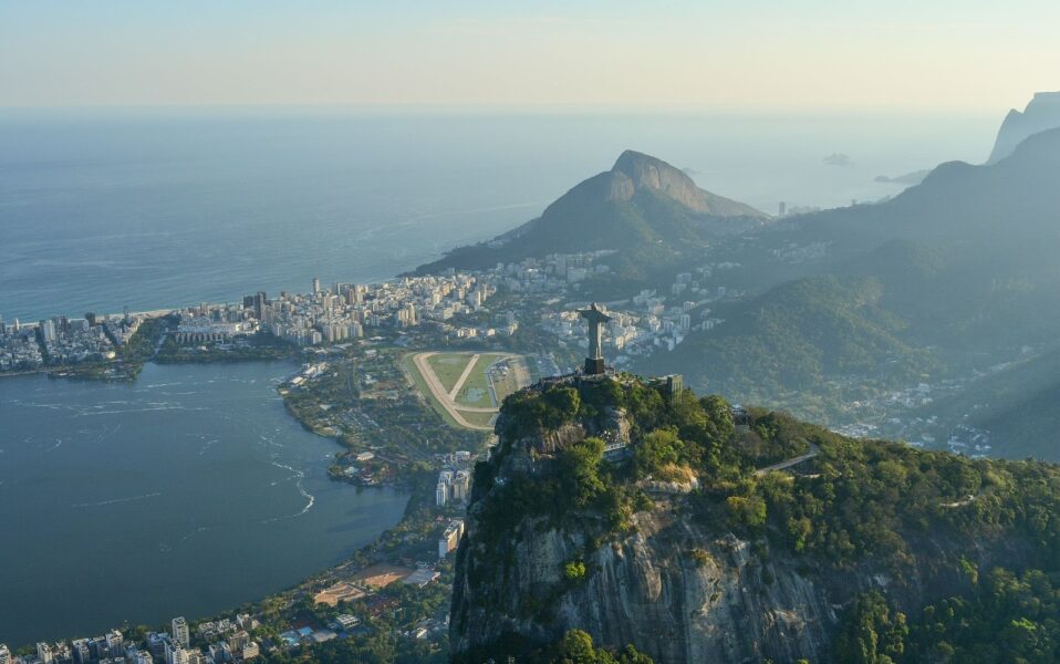 Aerial view of Rio de Janeiro showing the Christ the Redeemer statue in Brazil