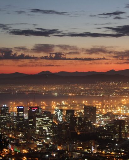 Aerial view of Cape Town at sunset. Feature image for things to do in Cape Town this July.