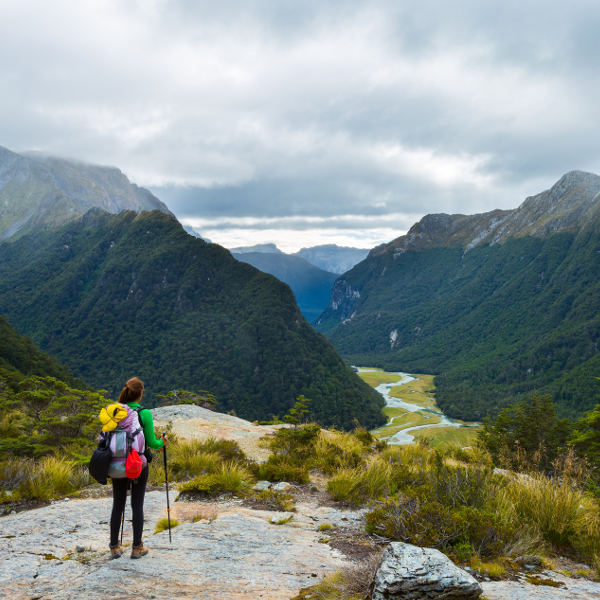 New Zealand girl staring at mountain
