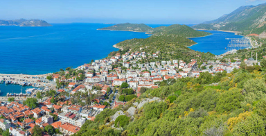Aerial panoramic view of popular resort city Kas in Turkey