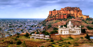 Mehrangharh Fort and Jaswant Thada mausoleum in the Blue city Jodhpur, Rajasthan, India