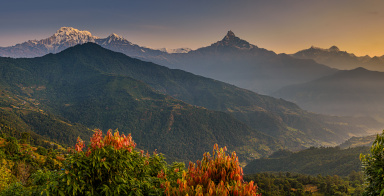 Sunrise over Himalaya mountains near Pokhara in Nepal
