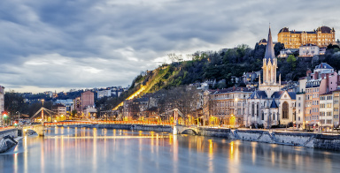 Saone river in Lyon city at evening, France