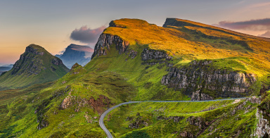 Panorama of Quiraing mountains sunset at Isle of Skye, Scottish highlands, United Kingdom