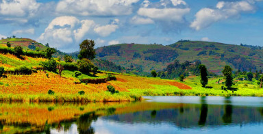 Beautiful mountain lake Bunyonyi in Uganda